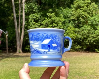 Currier & Ives A Home in the Wilderness - Blue Porcelain Shaving Cup Mug, Vtg 1980s