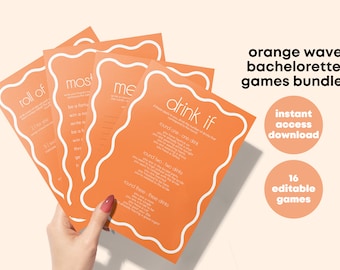 Modern Bachelorette Party Games Bundle, Orange Waves | 16 Editable, Printable Bach Party Games Set | Hen Party Fun Games Bundle