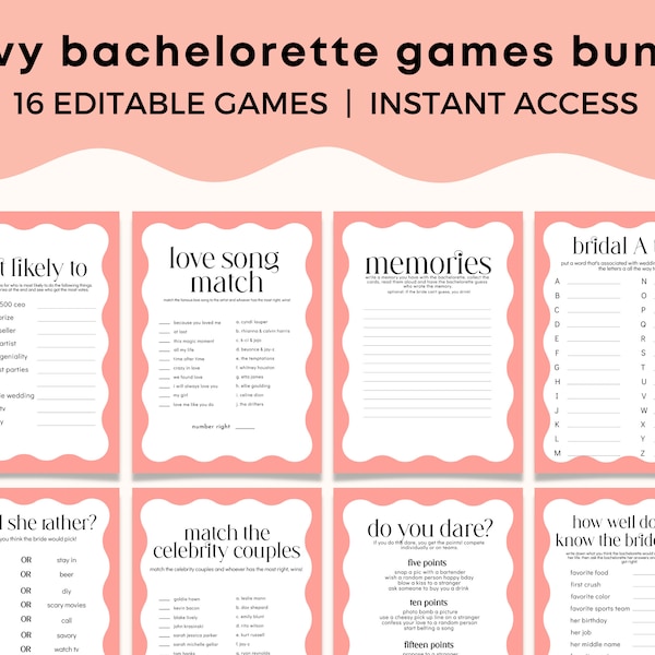 Modern Wavy Bachelorette Party Printable Game Bundle | Hen Party Fun Games | Editable Games Set for Bachelorette | Digital Instant Download