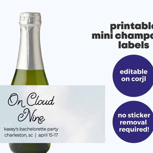 On Cloud Nine Mini Champagne Labels | Printable Favors for Bachelorette, Bridal Shower | Adult Party Favors | She's on Cloud Nine