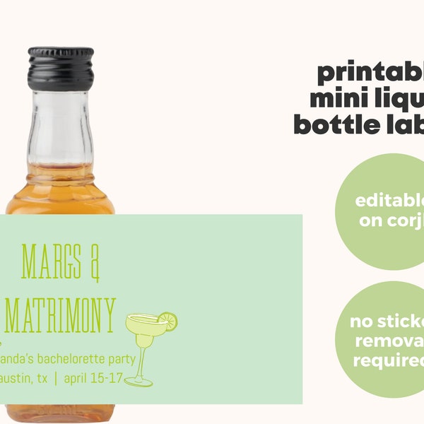 Margs & Matrimony Mini étiquettes d'alcool, vert | Faveurs imprimables pour la douche nuptiale, Bachelorette | Cadeaux de fête pour adultes, thème Margarita