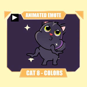 Peut inclure: Émoticône animé d'un chat noir avec des oreilles violettes et un nez rose. Le chat cligne des yeux et a un fond scintillant.