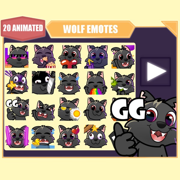 ANIMIERTES Schwarzer Wolf Emote Paket für Twitch | Youtube Emotes | Discord Emotes | Luftschlangen Emotes | Unter Emotes | Wolf 20 emote mega Bundle