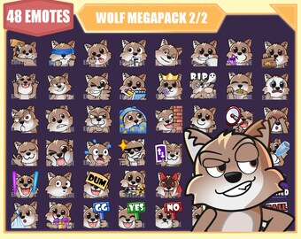 May include: A set of 48 animated wolf emotes for online chat. The emotes feature a cartoon wolf with different expressions and actions, including "RIP", "GG", "Yes", and "No".