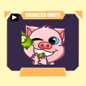 Emoticono animado de cerdo que arroja dinero para transmisión en YouTube de Twitch Kick Discord / Emoticono animado de cerdo rosa con lluvia de dinero