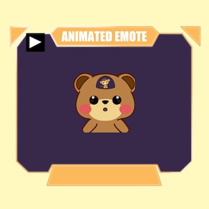 May include: A cartoon bear animated emote with a surprised expression, featuring a small monkey on its head. The bear has brown fur, pink cheeks, and large black eyes. The text "ANIMATED EMOTE" is displayed above the bear on a purple background.