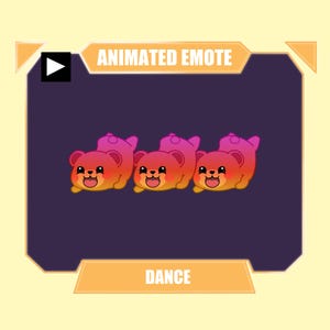 May include: An animated emote featuring three identical cartoon bears with a pink to orange gradient color scheme. The bears are positioned in a row against a dark purple background. The text ANIMATED EMOTE appears at the top and DANCE at the bottom.