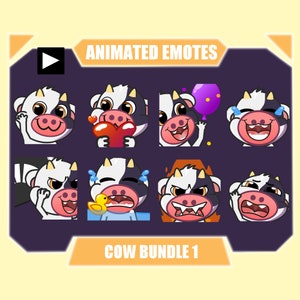BLACK COW ANIMATED emote pack for Twitch | Youtube Emotes | Discord Emotes | Streamer Emotes | Sub Emotes | Cute cow emotes 8-pack bundle