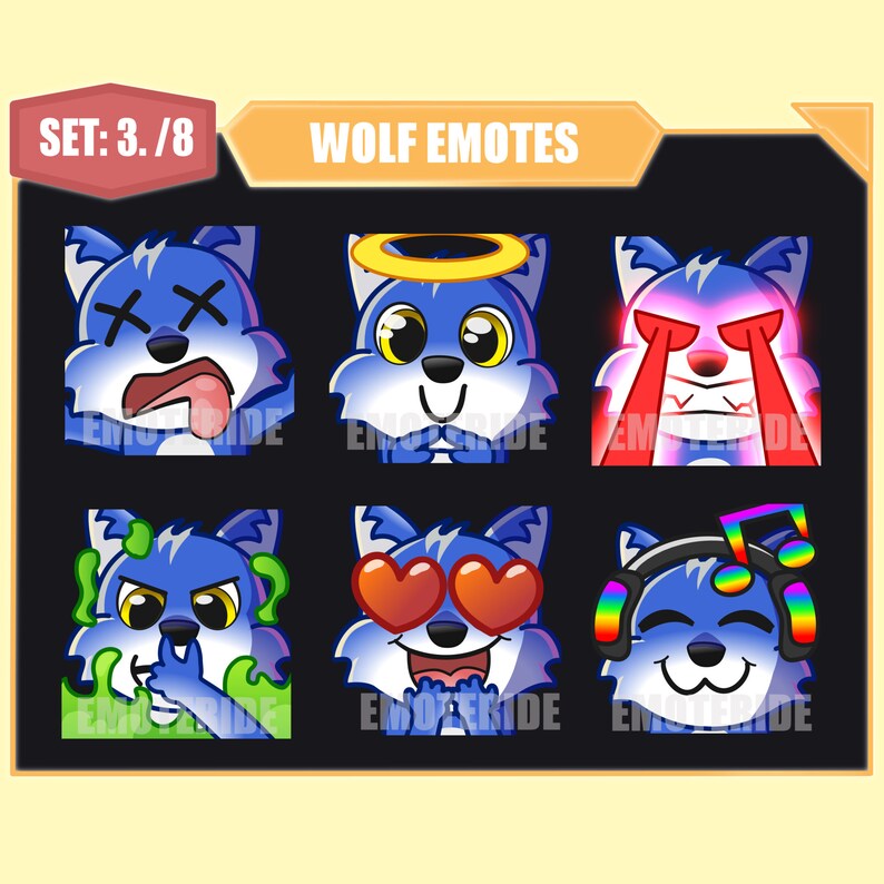 Blue Wolf Twitch Emote Pack 3 Rip, Angel, Laser Eyes, Toxic Smell, Heart Eyes, Headphones Cute