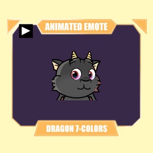 May include: Animated emote of a black dragon with pink eyes and yellow horns. The dragon has a surprised expression. The text "Dragon 7-Colors" is below the image.