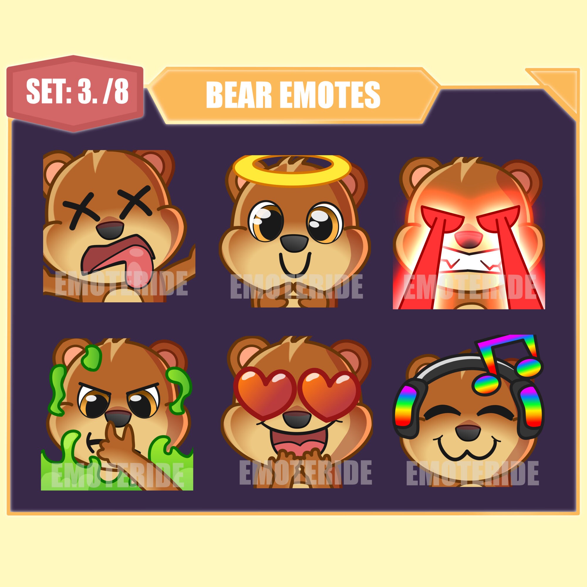 Brown Bear Twitch Emote Pack 3 Rip, Angel, Laser Eyes, Toxic Smell, Heart Eyes, Headphones Brown