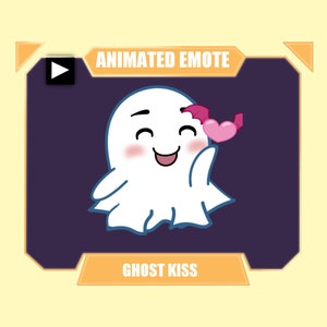 May include: Animated emoji of a white ghost with a pink heart and red wings, smiling and blowing a kiss. The text "Animated Emote" and "Ghost Kiss" are displayed on the image.