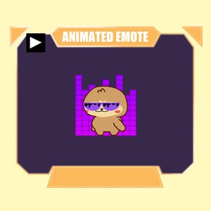May include: An animated emote featuring a light brown cartoon character wearing purple pixelated sunglasses. Behind the character is a bright purple digital audio equalizer graphic. The text ANIMATED EMOTE is displayed in a light orange banner above.