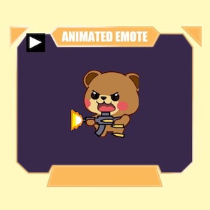 ANIMATIERTER süßer Bär schießenden Gewehr emote für Twitch Kick Discord Youtube Stream | Chibi Bär platzend mit Karabiner Emote animiert