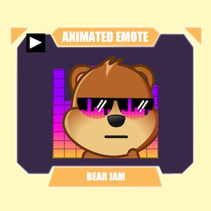 May include: Animated emote of a brown bear wearing sunglasses with a purple and pink equalizer in the background. The text "BEAR JAM" is below the bear.