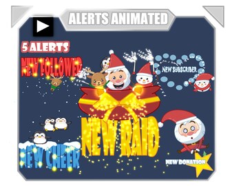 Animated Christmas alerts for twitch |  Cute Christmas alerts for streaming | 5 animated deer snowman penguin Santa alerts