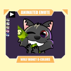 ANIMATED wolf throwing money emote for twitch discord youtube streaming | Cutel wolf donation emote  |  Money rain emote | 6 colors included