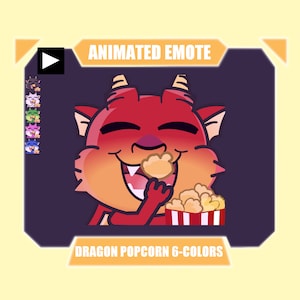 ANIMATED dragon eating popcorn emote for twitch discord youtube stream | Dragon snacking and watching stream emote | 6 colors included