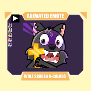 May include: Animated emote of a scared wolf with purple fur, holding a gold cross. The wolf has large, wide eyes and a wide open mouth with sharp teeth. The emote is titled "Wolf Scared 6-Colors" and has a play button icon.