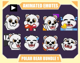 POLAR BEAR ANIMATED emote pack for Twitch | Youtube Emotes | Discord Emotes | Streamer Emotes | Sub Emotes | Cute polar bear 8-pack bundle