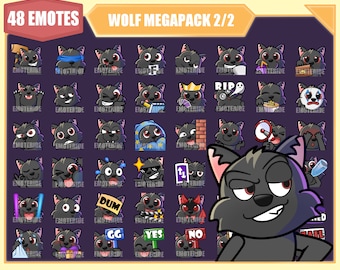 May include: A set of 48 wolf-themed emotes for online use. The emotes feature a black wolf with different expressions and accessories, including a crown, a microphone, and a sign that says "RIP".