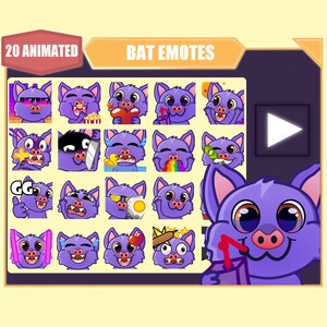 Paquete de gestos de murciélago púrpura ANIMADO para Twitch / Youtube Emotes / Discord Emotes / Streamer Emotes / Sub Emotes / Cute bat 20 emote mega paquete
