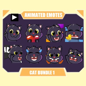 BLACK CAT ANIMATED emote pack for Twitch | Youtube Emotes | Discord Emotes | Streamer Emotes | Sub Emotes | 8-pack bundle