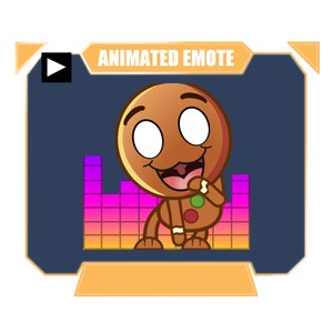 May include: Animated gingerbread man emote with a happy expression, wearing a red and green candy cane outfit, dancing on a colorful background with the text "ANIMATED EMOTE" above.