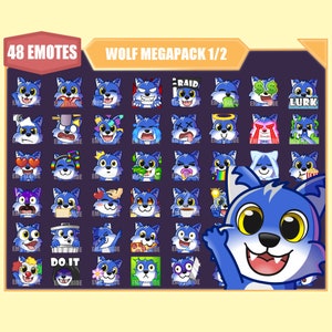 Pakiet emotikon BLUE WOLF na Twitch | Emotikony YouTube | Emotikony Discord | Emotikony Streamerów | Emotikony Subskrybentów | Pakiet 48 emotikonów Megapack