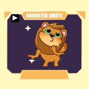 Peut inclure: Émoticône animé d'un lion de dessin animé avec des yeux verts et un nez rose. Le lion porte une crinière brune et se tient sur un fond violet avec deux étoiles blanches.