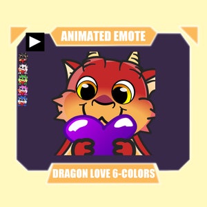 ANIMATED cute dragon with heart emote for twitch discord youtube | Dragon love sub emotes animated 6 colors included