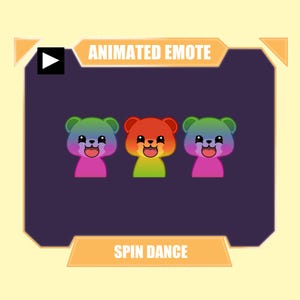 May include: Animated emote featuring three colorful bear characters with rainbow-colored fur, each with a happy expression and a tongue sticking out. The text "ANIMATED EMOTE" and "SPIN DANCE" are displayed in the image.