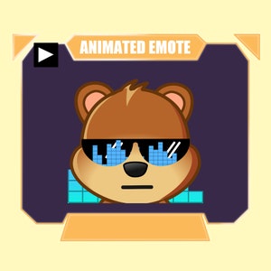 May include: Animated emoticon of a brown bear wearing blue sunglasses with a pixelated pattern. The bear has a serious expression and is set against a purple background with a blue and turquoise pixelated pattern.