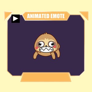 May include: A digital graphic featuring a cartoon sloth with large eyes, pink cheeks, and a wide mouth showing sharp teeth. The sloth is centered on a dark purple background within a light orange frame labeled with the text ANIMATED EMOTE.