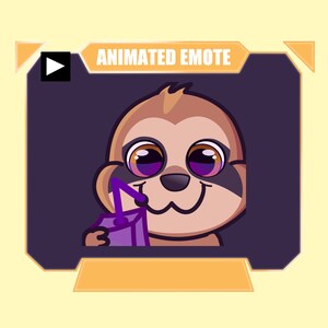Könnte beinhalten: Animiertes Emoji eines braunen Faultiers mit großen violetten Augen, das aus einem violetten Saftkarton mit einem violetten Strohhalm trinkt. Das Emoji ist vor einem dunkelvioletten Hintergrund mit einem gelben Rahmen und dem Text "ANIMATED EMOTE" oben.