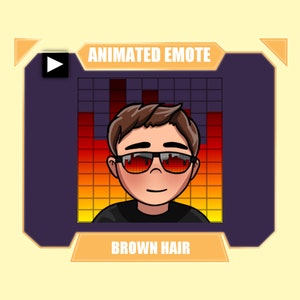 May include: Animated emote of a person with brown hair wearing sunglasses. The background is a red and yellow equalizer.