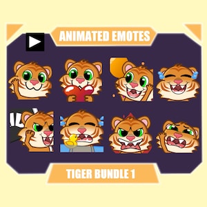 TIGER ANIMATED emote pack for Twitch | Youtube Emotes | Discord Emotes | Streamer Emotes | Sub Emotes | Cute tiger 8-pack bundle