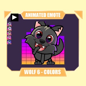 May include: Animated emote of a black wolf with pink eyes and a big smile. The wolf is standing on a purple and pink grid. The text "ANIMATED EMOTE" is at the top of the image and "WOLF 6 - COLORS" is at the bottom.