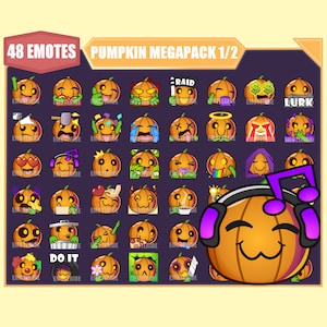 Bundle di emote Zucca per Twitch Kick / Emote Youtube / Emote Discord / Emote Streamer / Emote Sub / 48 Pacchetto megapack di emote di Halloween