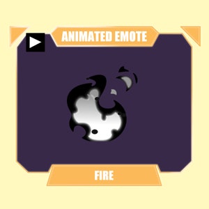 Puede incluir: Emoticono animado de un fuego blanco con contornos negros, sobre un fondo morado. El texto "ANIMATED EMOTE" se muestra encima del fuego, y el texto "FIRE" se muestra debajo del fuego.