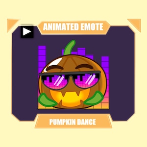 May include: Animated emote of a smiling pumpkin wearing sunglasses and dancing to music. The background is a purple and orange equalizer.
