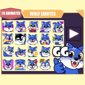 Pack d'émotes ANIMÉ Loup bleu pour Twitch | Émoticônes YouTube | Émoticônes Discord | Emotes pour streamer | Sous-émoticônes | Mega lot de 20 emotes Loup