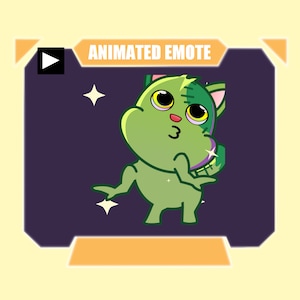 Peut inclure: Émoticône animé d'une créature verte de dessin animé avec une queue rayée de violet et de vert, qui cligne des yeux et regarde vers la droite. La créature se tient sur un fond violet avec des étoiles blanches.