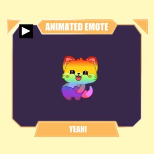 Geanimeerde regenboogvos "Hell Yeah" dans-emote voor Twitch en Discord.