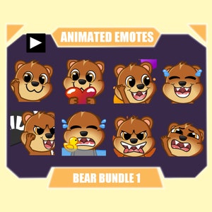 BEAR ANIMATED emote pack for Twitch | Youtube Emotes | Discord Emotes | Streamer Emotes | Sub Emotes | Cute brown bear 8-pack bundle