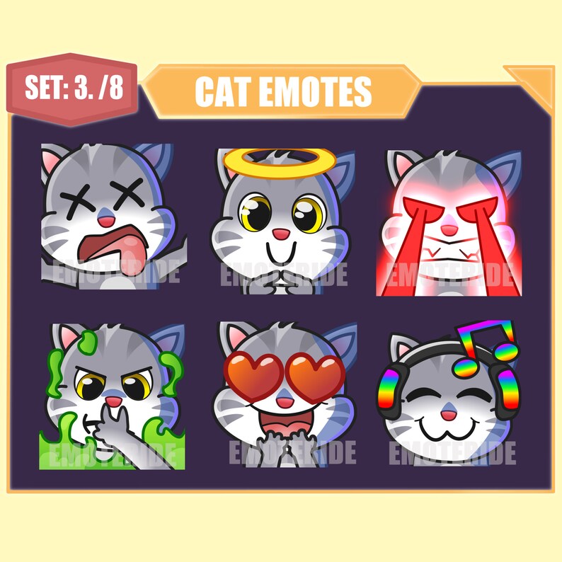 Gray Tabby Cat Twitch Emote Pack 3 Rip, Angel, Laser Eyes, Toxic Smell, Heart Eyes, Headphones