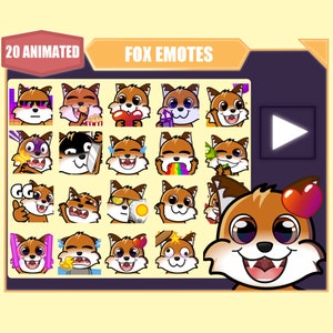 Paquete de gestos ANIMADOS Fox para Twitch / Youtube Emotes / Discord Emotes / Streamer Sub Emotes / Lindo zorro 20 mega paquete de gestos