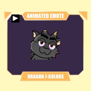 Puede incluir: Emoticono animado de un dragón negro con ojos rosas y una sonrisa irónica. El emoticono se titula "Dragon 7-Colors" y tiene un icono de botón de reproducción.