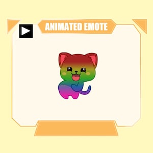 Könnte beinhalten: Eine digitale Grafik einer kleinen Katze mit einem regenbogenfarbenen Farbverlauf im Fell, die einen fröhlichen Ausdruck mit offenem Mund und einem geringelten Schwanz zeigt. Das Bild ist in einem hellen Rahmen mit dem Text ANIMATED EMOTE und einem Play-Button.