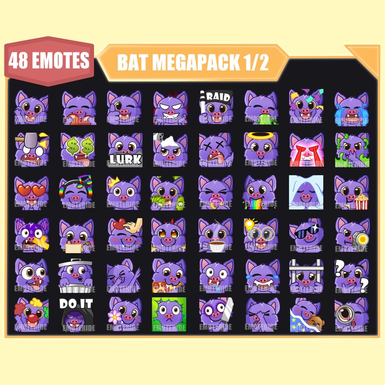May include: A set of 48 purple bat emoticons with different expressions and actions. The emoticons are arranged in a grid on a black background. The text "BAT MEGAPACK 1/2" is at the top of the grid.